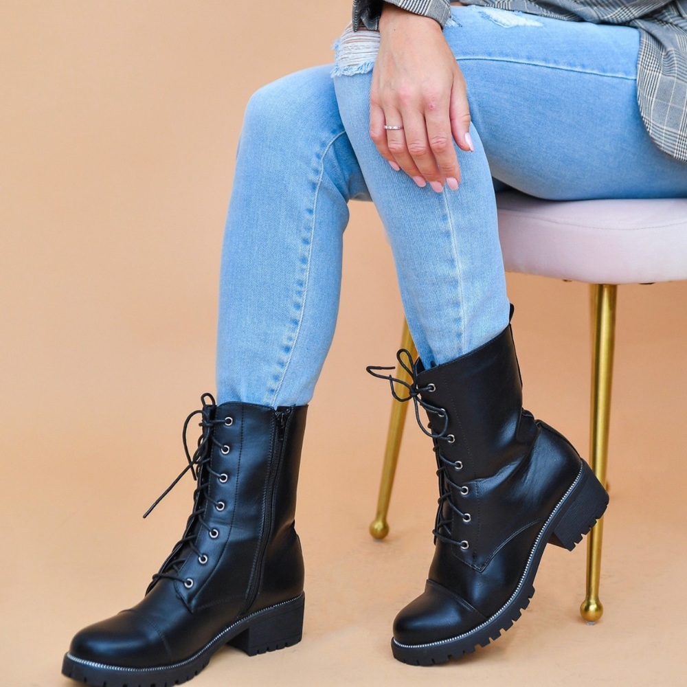 Black lace up lug sole combat boot mid calf